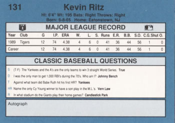 1990 Classic Blue #131 Kevin Ritz Back