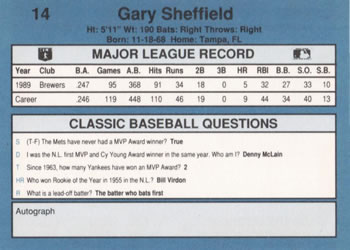 1990 Classic Blue #14 Gary Sheffield Back