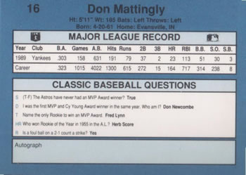 1990 Classic Blue #16 Don Mattingly Back