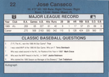 1990 Classic Blue #22 Jose Canseco Back