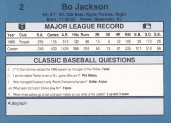 1990 Classic Blue #2 Bo Jackson Back