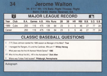 1990 Classic Blue #34 Jerome Walton Back
