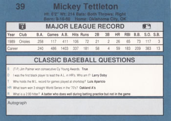 1990 Classic Blue #39 Mickey Tettleton Back