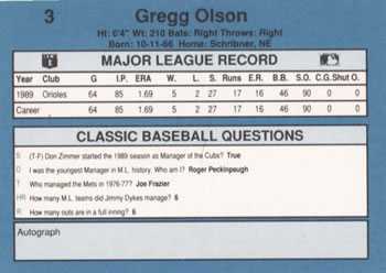 1990 Classic Blue #3 Gregg Olson Back