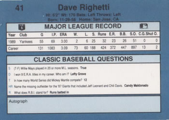 1990 Classic Blue #41 Dave Righetti Back