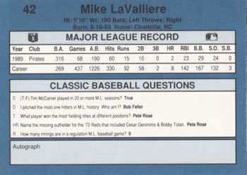 1990 Classic Blue #42 Mike LaValliere Back