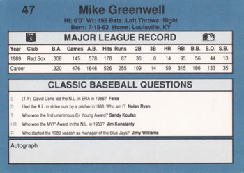 1990 Classic Blue #47 Mike Greenwell Back