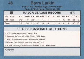 1990 Classic Blue #48 Barry Larkin Back