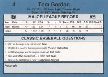 1990 Classic Blue #4 Tom Gordon Back