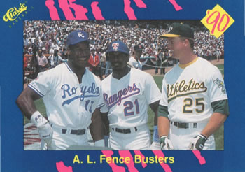 1990 Classic Blue #59 A.L. Fence Busters (Bo Jackson / Ruben Sierra / Mark McGwire) Front