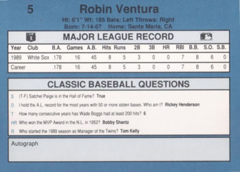 1990 Classic Blue #5 Robin Ventura Back