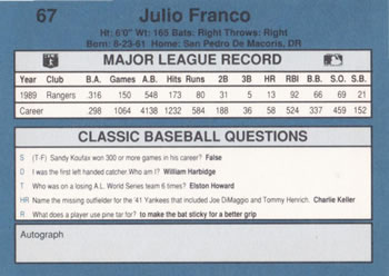 1990 Classic Blue #67 Julio Franco Back