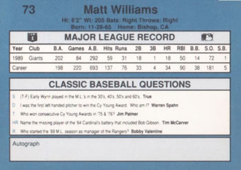 1990 Classic Blue #73 Matt Williams Back