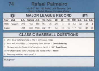 1990 Classic Blue #74 Rafael Palmeiro Back