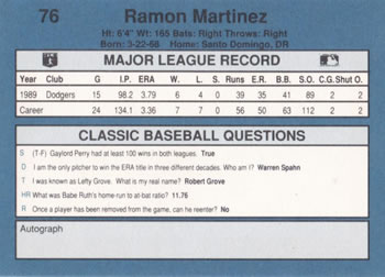 1990 Classic Blue #76 Ramon Martinez Back