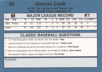 1990 Classic Blue #80 Dennis Cook Back