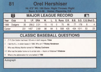 1990 Classic Blue #81 Orel Hershiser Back