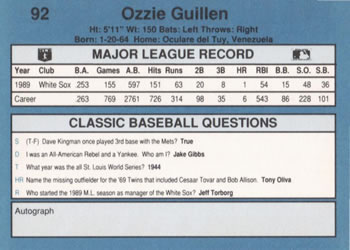 1990 Classic Blue #92 Ozzie Guillen Back