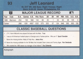 1990 Classic Blue #93 Jeff Leonard Back