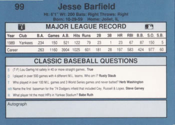 1990 Classic Blue #99 Jesse Barfield Back