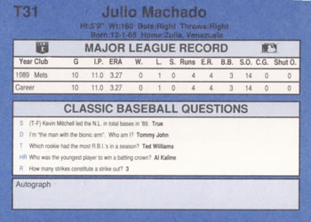 1990 Classic Update #T31 Julio Machado Back