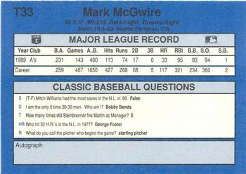 1990 Classic Update #T33 Mark McGwire Back
