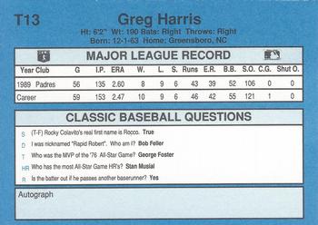 1990 Classic Yellow #T13 Greg Harris Back