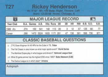 1990 Classic Yellow #T27 Rickey Henderson Back