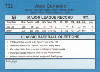 1990 Classic Yellow #T32 Jose Canseco Back