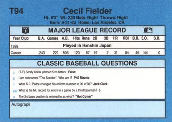 1990 Classic Yellow #T94 Cecil Fielder Back