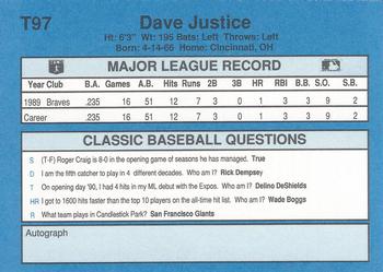 1990 Classic Yellow #T97 Dave Justice Back