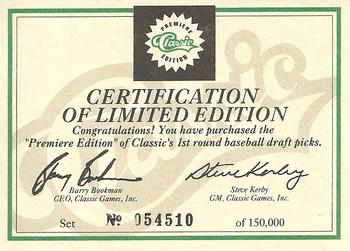 1990 Classic Draft Picks #NNO Certification of Limited Edition Front