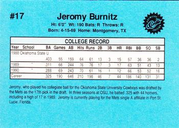 1990 Classic Draft Picks #17 Jeromy Burnitz  Back