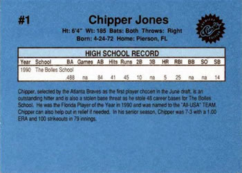 1990 Classic Draft Picks #1 Chipper Jones Back