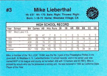 1990 Classic Draft Picks #3 Mike Lieberthal Back