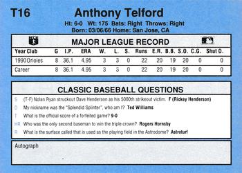 1991 Classic I #T16 Anthony Telford Back