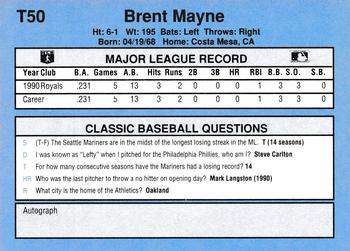 1991 Classic I #T50 Brent Mayne Back