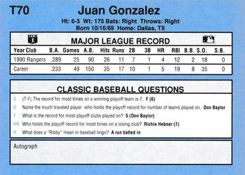 1991 Classic I #T70 Juan Gonzalez Back