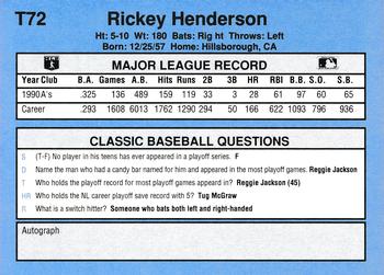 1991 Classic I #T72 Rickey Henderson Back