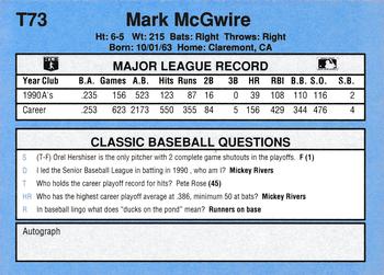 1991 Classic I #T73 Mark McGwire Back