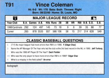 1991 Classic I #T91 Vince Coleman Back