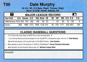 1991 Classic I #T96 Dale Murphy Back