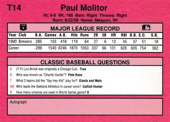 1991 Classic II #T14 Paul Molitor Back