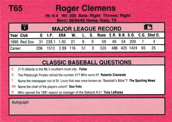 1991 Classic II #T65 Roger Clemens Back