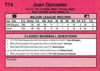 1991 Classic II #T74 Juan Gonzalez Back