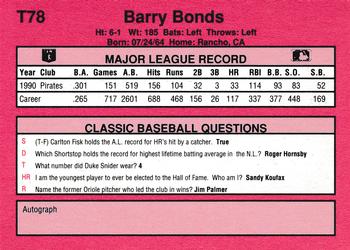 1991 Classic II #T78 Barry Bonds Back