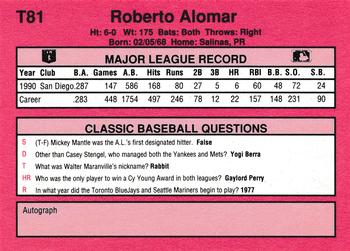 1991 Classic II #T81 Roberto Alomar Back