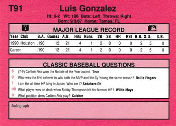 1991 Classic II #T91 Luis Gonzalez Back