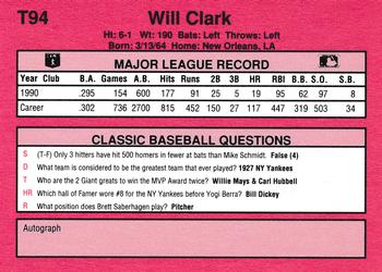 1991 Classic II #T94 Will Clark Back