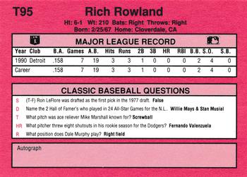 1991 Classic II #T95 Rich Rowland Back